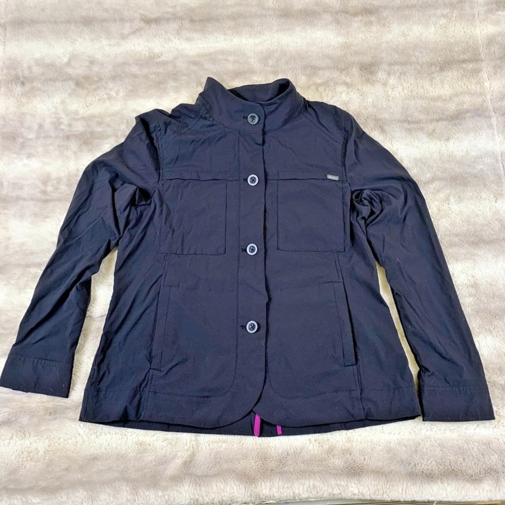 Eddie Bauer Travel Blazer Women 14 Black Travel Jacket Stretch 3 Button Workwear